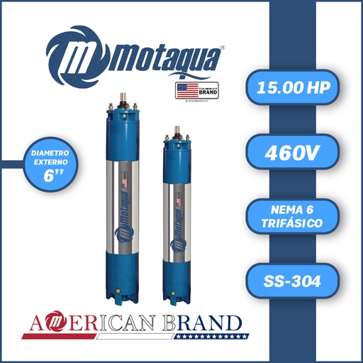 [7515MKD-7] MOTOR SUMERGIBLE TF MOTAQUA MKD DSM6 6" T6WRF0150K  15,00HP 3PH/460V/60HZ/2P 3600RPM 3W DOL NEMA6 WF-R SS-304
