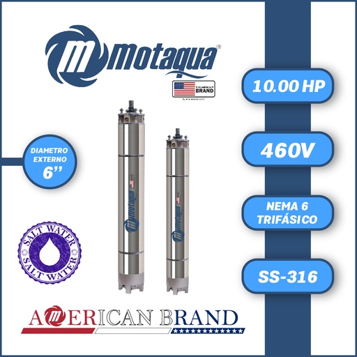 [7515MKD-22] MOTOR SUMERGIBLE TF MOTAQUA  6" SERIE MKD MOD. T6WRF0100K  10,00HP 3PH/460V/60HZ/2P 3600RPM 3W DOL NEMA6 WF-R SS316